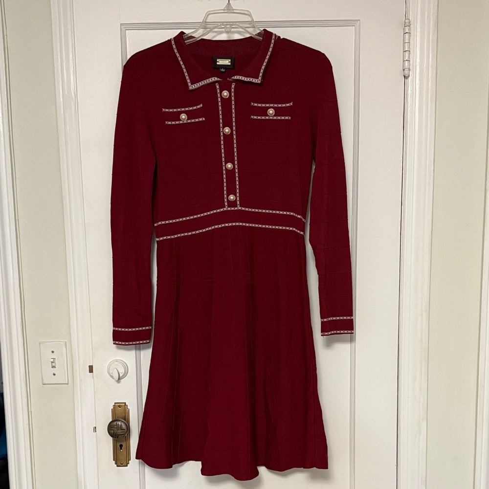 Burgundy Long Sleeve Dress with Button Accents